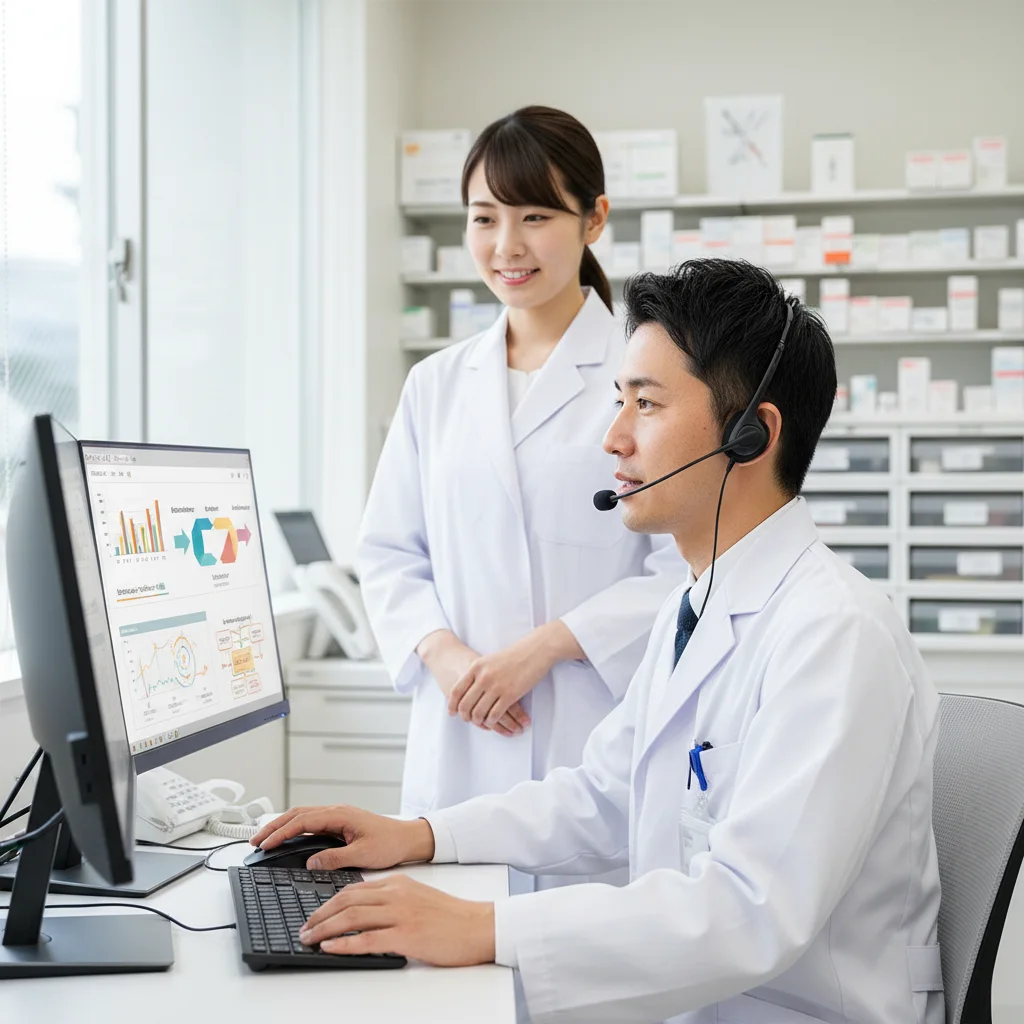 薬剤師が音声入力システムを使い薬歴作成の時間を短縮している様子。ICT活用による業務効率化で、残業を減らしコスト削減を実現するメリットを図解。