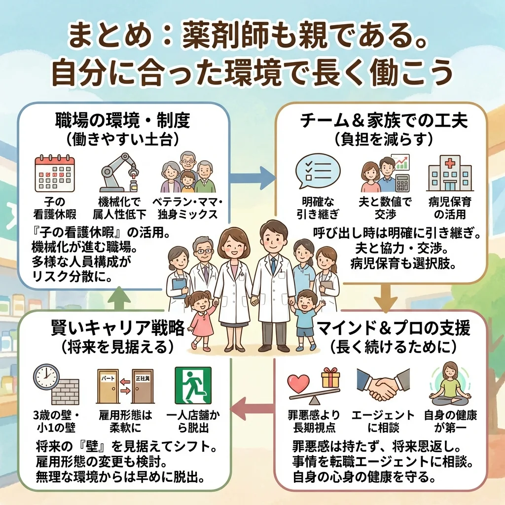 働きやすい職場の黄金比率を示す図。子育て世代、ベテラン、若手薬剤師がバランス良く配置され、転職で失敗しないための店舗の年齢構成を解説。