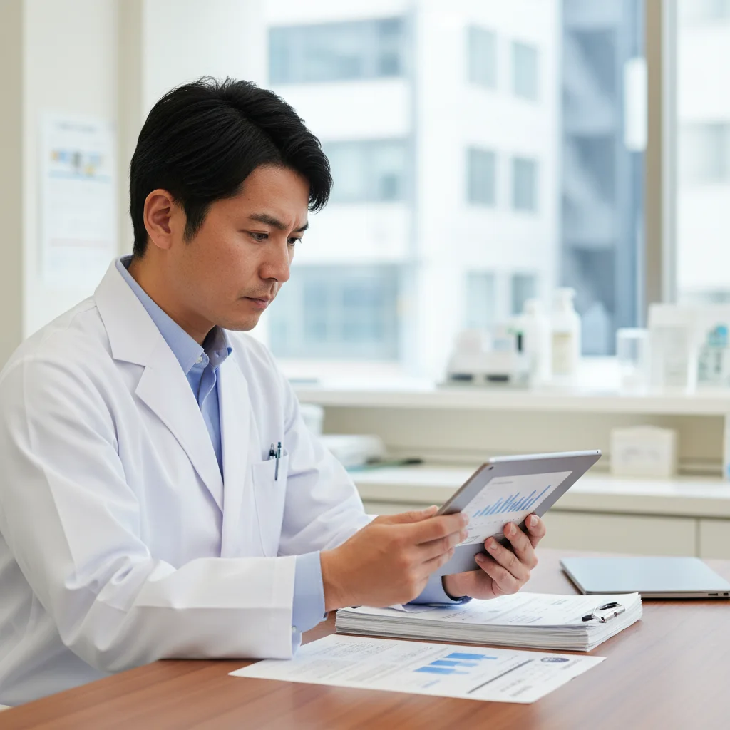 薬剤師賠償責任保険の個人加入について真剣に考える薬剤師。会社の保険だけではカバーできないリスクに備えることの重要性を表現。