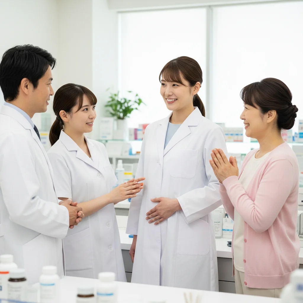 調剤薬局で働く女性薬剤師が、同僚スタッフに妊娠報告をしている場面。職場の人間関係に配慮し、感謝の気持ちを伝えながら、今後の業務について協力を仰いでいる様子。