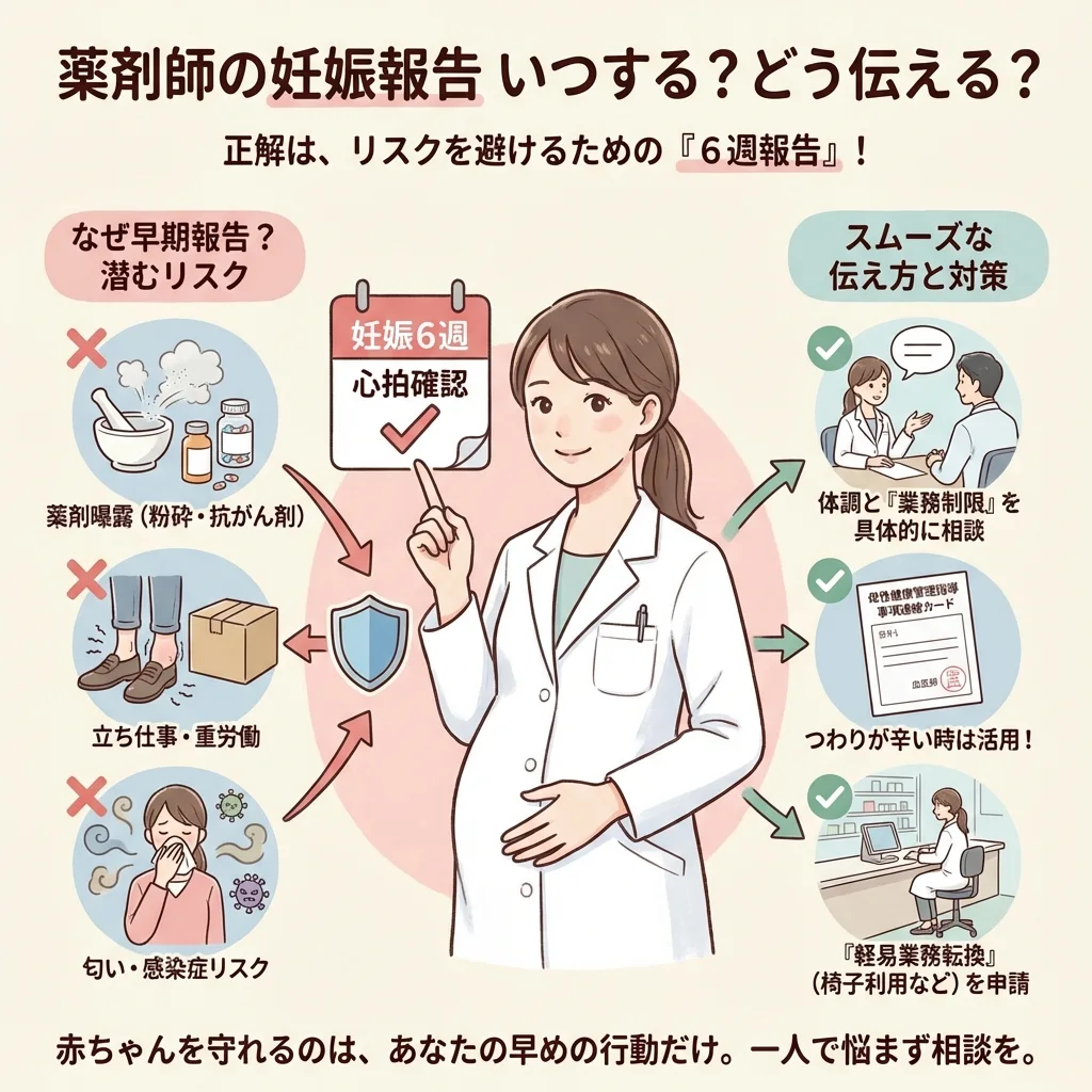 薬剤師の妊娠報告タイミングを解説するインフォグラフィック。妊娠判明から産休までのスケジュール表、抗がん剤など避けるべき危険業務リスト、職場への伝え方などを分かりやすい図でまとめています。
