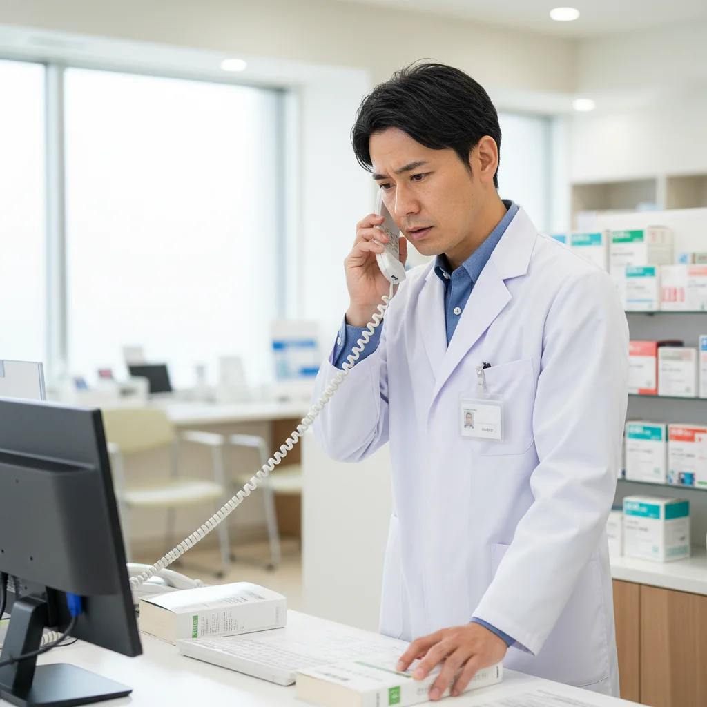 医師への疑義照会に不安を感じ、電話の前で悩む薬剤師のイラスト。患者の安全を守る義務と、医師とのコミュニケーションの難しさとの間で葛藤している様子を描写しています。