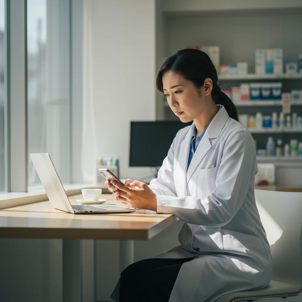 上司から退職勧奨の面談を受け、精神的に追い詰められている薬剤師の女性。異動を拒否した後のキャリアに悩み、今後の働き方や転職について深く考え込んでいる様子。