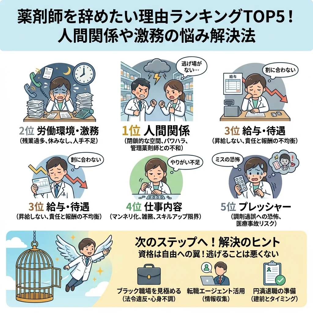 薬剤師が辞めたい理由ランキングTOP5（人間関係・激務・給与等）の詳細データと、調剤薬局・病院・ドラッグストアの職場タイプ別に異なる悩みの傾向や給与水準を比較・解説したインフォグラフィック。