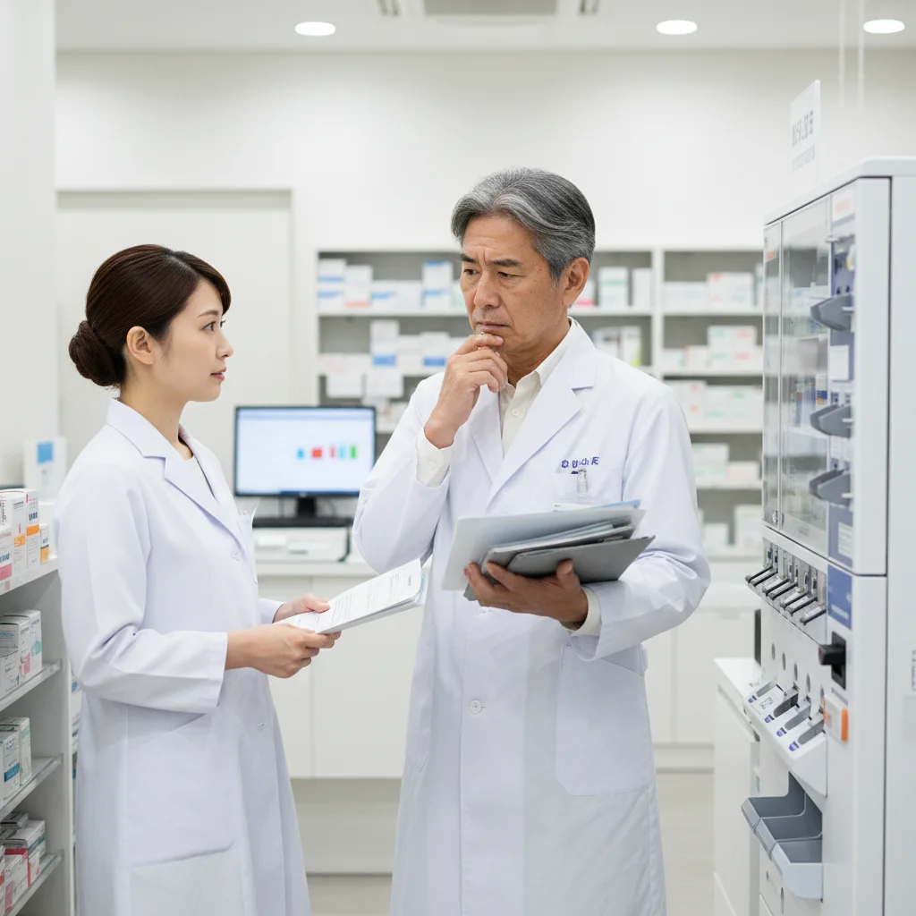 定年後の再雇用で賃金が下がったにも関わらず、以前と同じ責任の重い業務を任され、働き方に悩むシニア薬剤師のイラスト。「同一労働同一賃金」の抜け穴問題を表現しています。