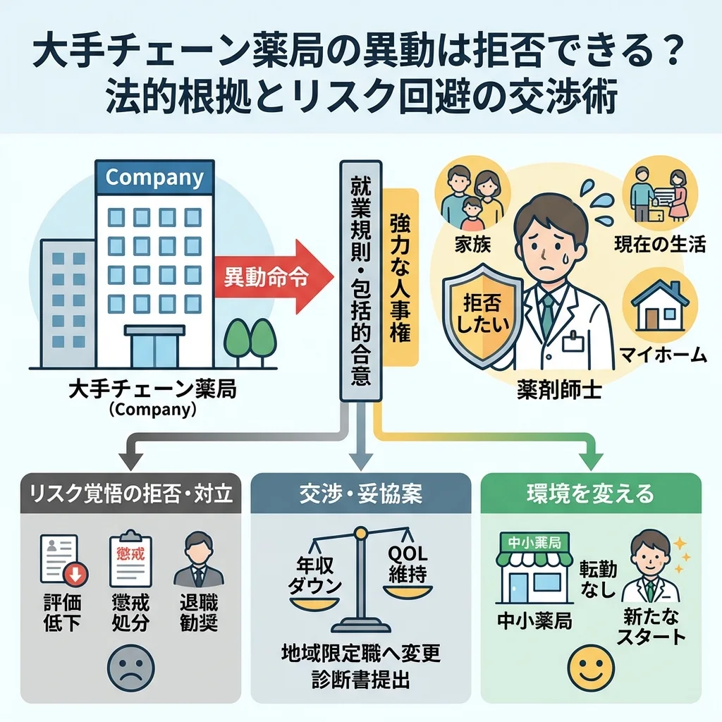 大手チェーン薬局の薬剤師が異動を拒否する際の法的根拠、交渉ステップ、リスクをまとめたインフォグラフィック。全国職と地域職の年収比較や、中小薬局とのメリット・デメリット比較などを図で分かりやすく解説。