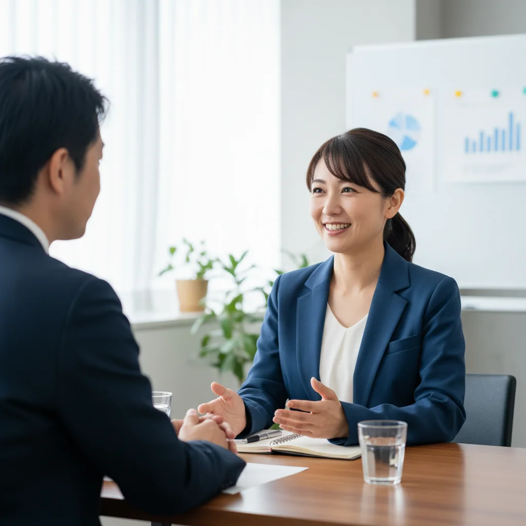 薬剤師の転職面接で、在宅勤務を希望する理由を質問されている女性。採用担当者に好印象を与えるためのポジティブな回答方法を解説するイメージ。