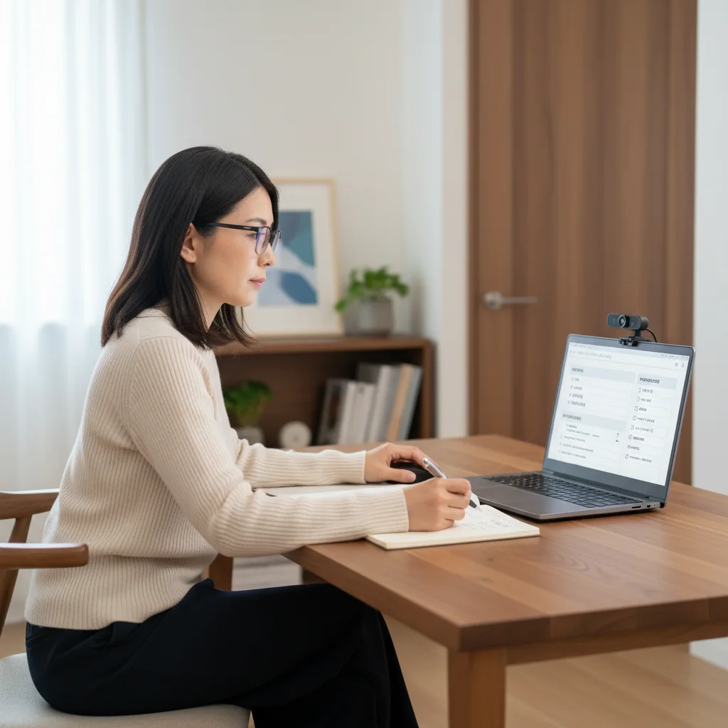 在宅勤務を希望する薬剤師が、求人票のセキュリティ要件やPC環境のチェックポイントを確認しているイラスト。完全在宅の求人でも、PC貸与や費用負担、施錠可能な個室の有無など応募前の確認が重要です。