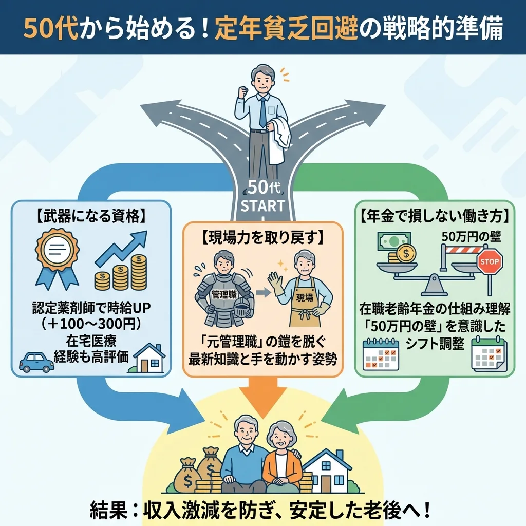 薬剤師が定年後に関わる「勤務延長制度」と「再雇用制度」の違いを一覧表で解説。雇用の継続性、給与水準、退職金、業務内容の観点から、両制度の待遇差を分かりやすく比較しています。