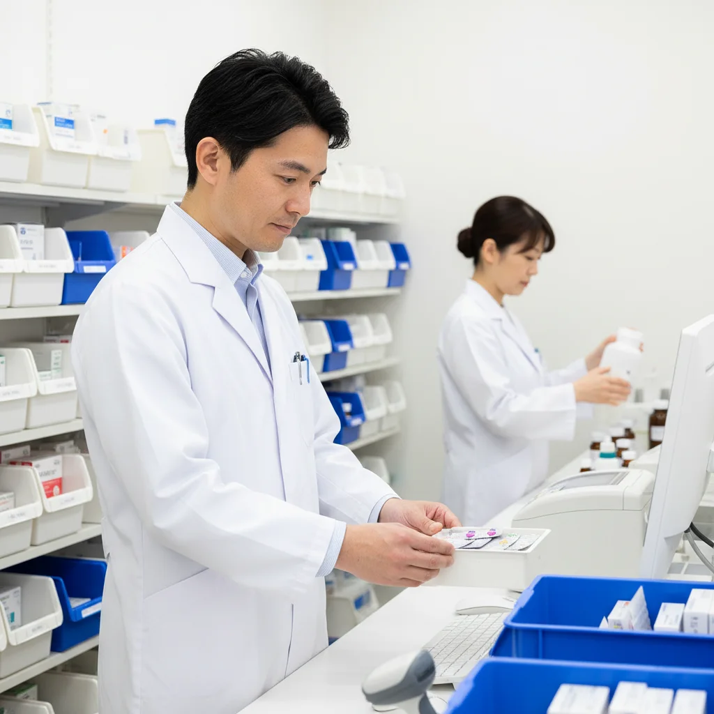 調剤薬局の調剤室で、日々のルーチンワークである調剤や監査を正確にこなす薬剤師。変化よりも安定を好み、決まった手順を誠実に守り続けることで医療安全に貢献する姿。