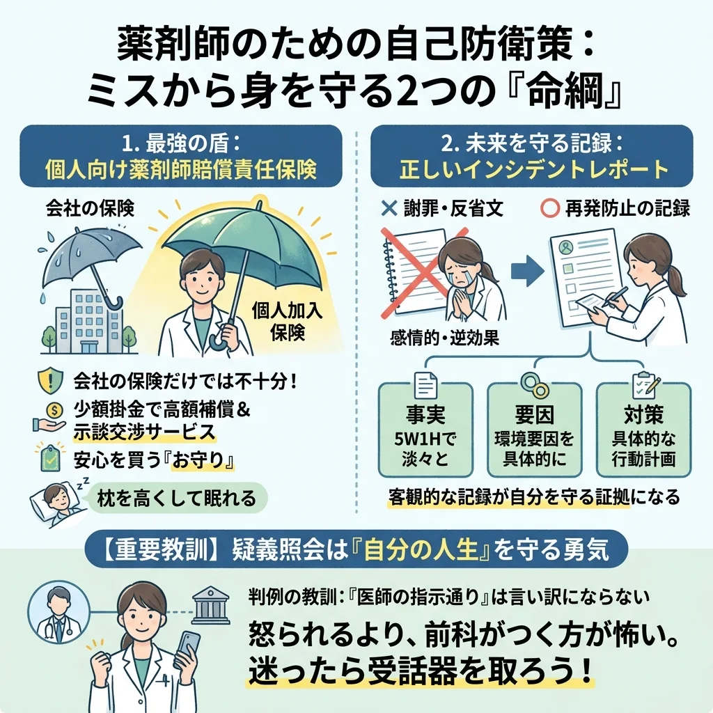 調剤薬局で働く薬剤師が知るべき「インシデント」と「調剤過誤」の決定的な違いを示すイラスト。患者への健康被害の有無が法的責任を分ける境界線であることを図解しています。