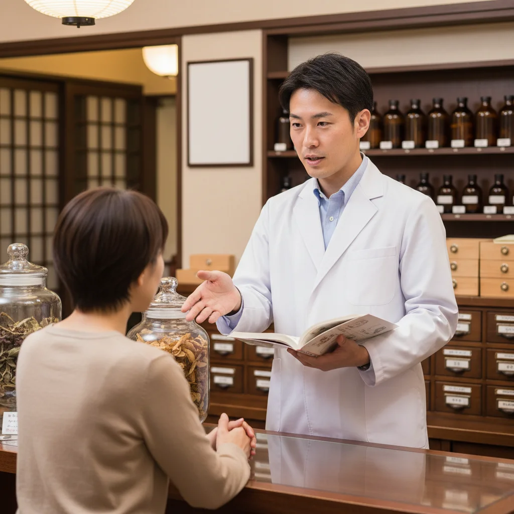 将来の独立開業を目指す薬剤師が、漢方薬局で患者にカウンセリングを行っている。店舗経営や専門知識など、実践的なスキルを習得している様子。