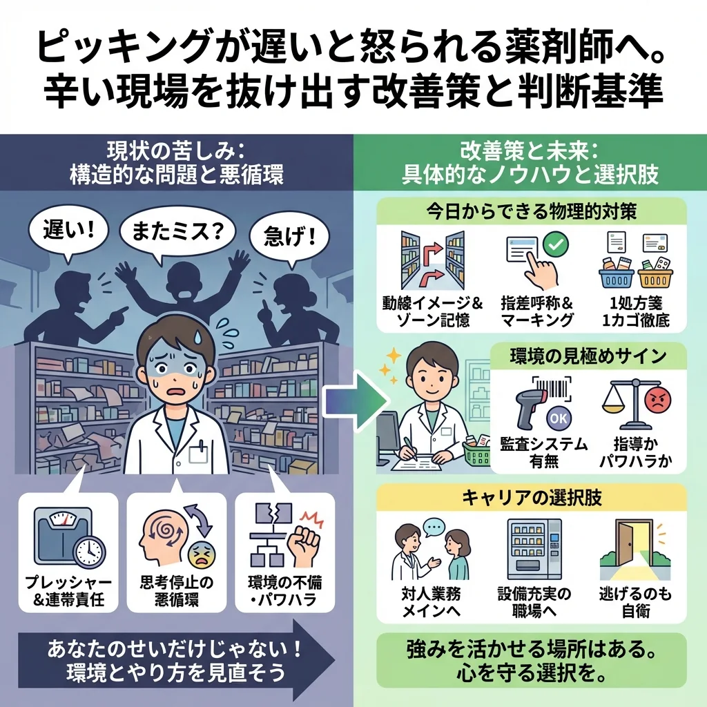 ピッキングが遅いと悩む薬剤師へ。ミスの悪循環を示す図や、スピードと正確性を上げるコツ、パワハラ職場の見分け方、キャリア戦略などをリストや比較表で分かりやすく解説したインフォグラフィック。