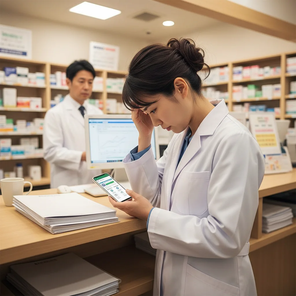 小規模薬局の濃密な人間関係に悩み、カウンターで頭を抱える薬剤師の女性。職場のストレスからメンタルに不調をきたし、転職を考えている様子。