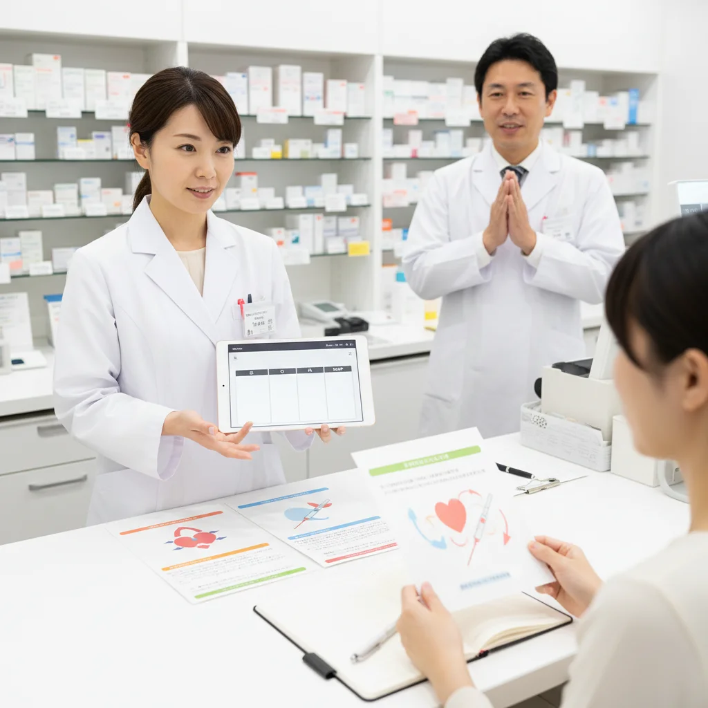 薬剤師向けにハイリスク薬指導管理加算を算定する際のSOAP形式の薬歴記載例。抗凝固薬と糖尿病薬（インスリン）の具体的なテンプレートを提示し、患者指導のポイントを分かりやすく解説しています。