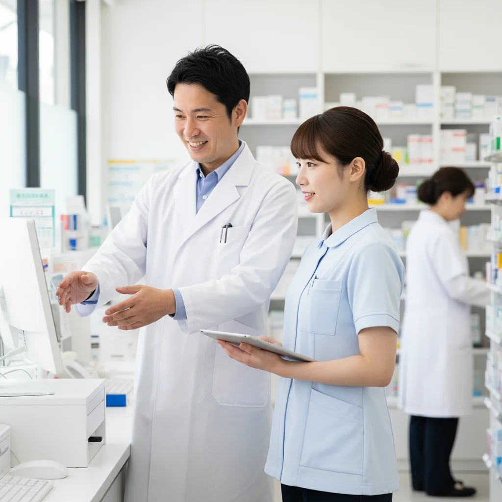 調剤薬局で働く薬剤師と事務員のイラスト。薬剤師の転職では、スタッフの人数比率や適切な役割分担がされているかを見極めることが重要です。