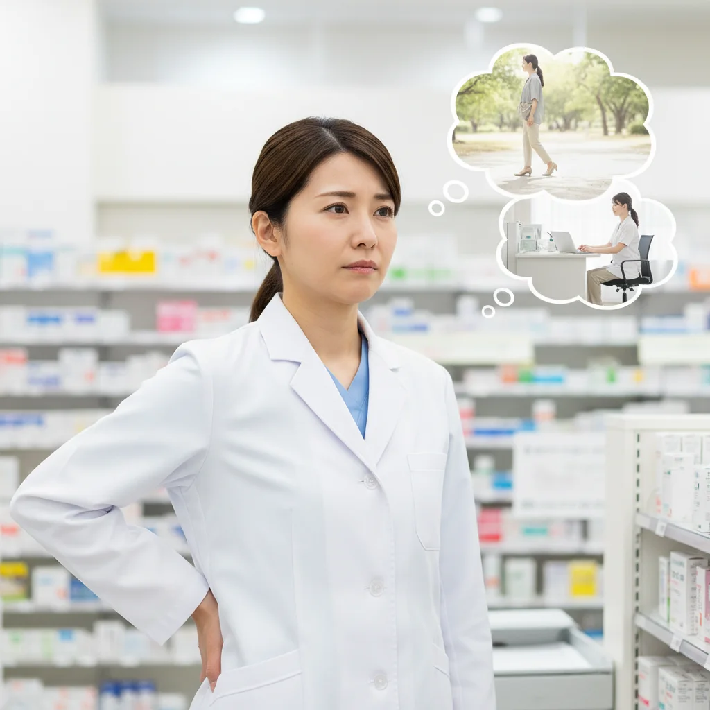 立ち仕事で腰に手を当て、辛そうな表情を浮かべる薬剤師の女性。身体的な負担を減らし健康的に働くための職場選びの重要性や、無理のない働き方への転職を考えている様子を表現したイラストです。