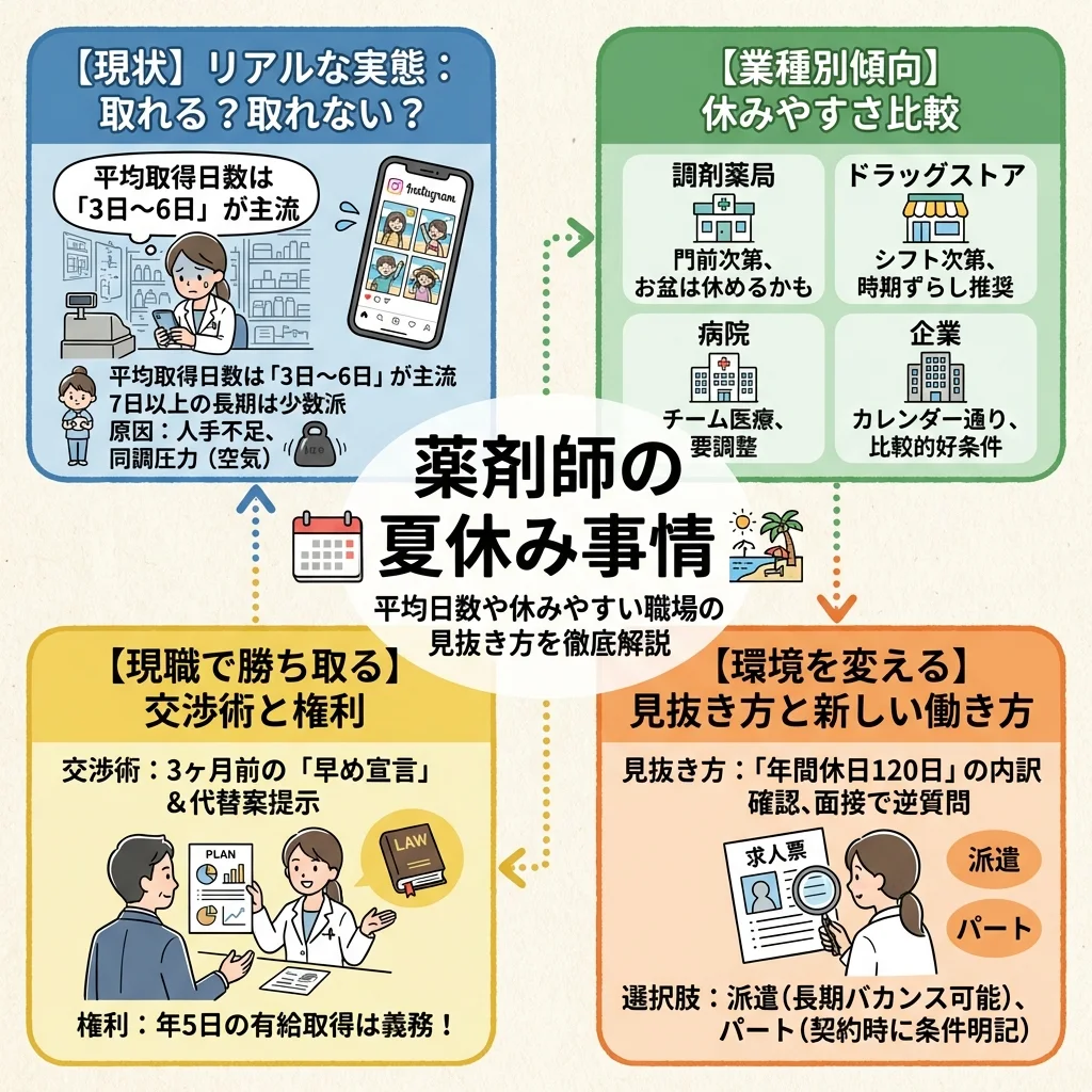 薬剤師の夏休み事情を解説したインフォグラフィック。調剤薬局など業種別の休暇傾向比較、休みを取るための交渉術フローチャート、休みやすい職場の見抜き方リストなど、薬剤師が夏休みを取得するための情報を図解しています。