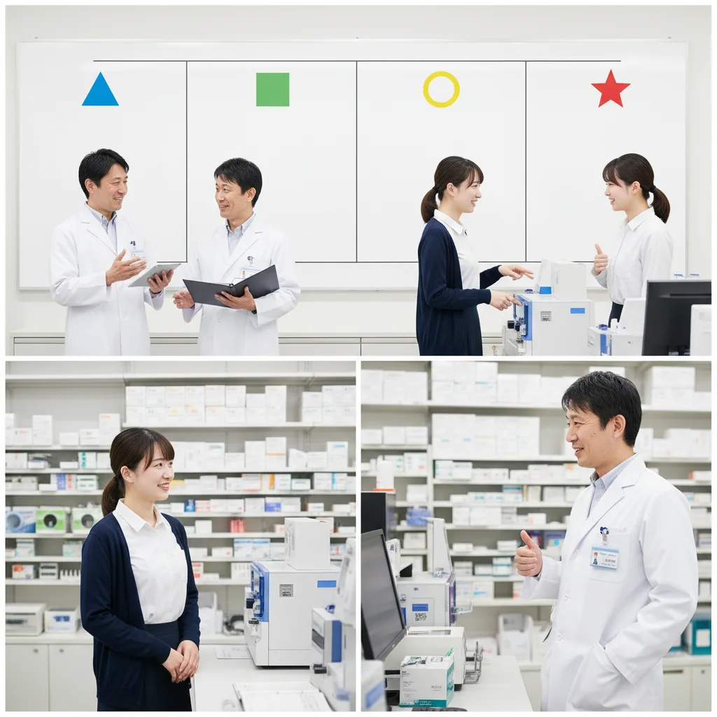 薬剤師が調剤事務スタッフへ業務を委譲する「タスクシフト」の手順を示した図解。合意形成からマニュアル化、段階的な移行、最終確認までの4ステップを解説し、円滑なチーム医療の実現をサポートします。