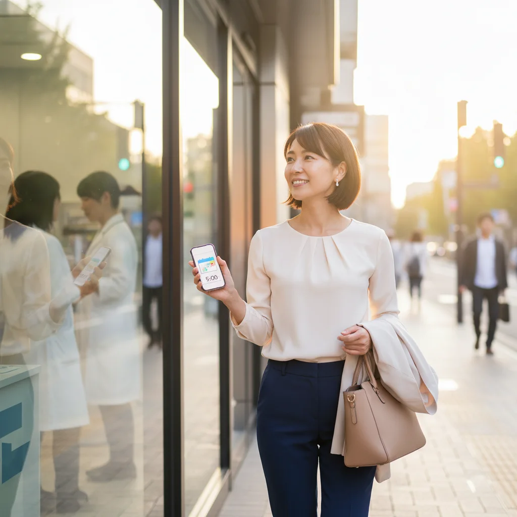 正社員から派遣薬剤師に転職し、定時で退勤する女性。責任や人間関係の悩みから解放され、高い時給を得ながらワークライフバランスの取れた働き方を実現している様子。