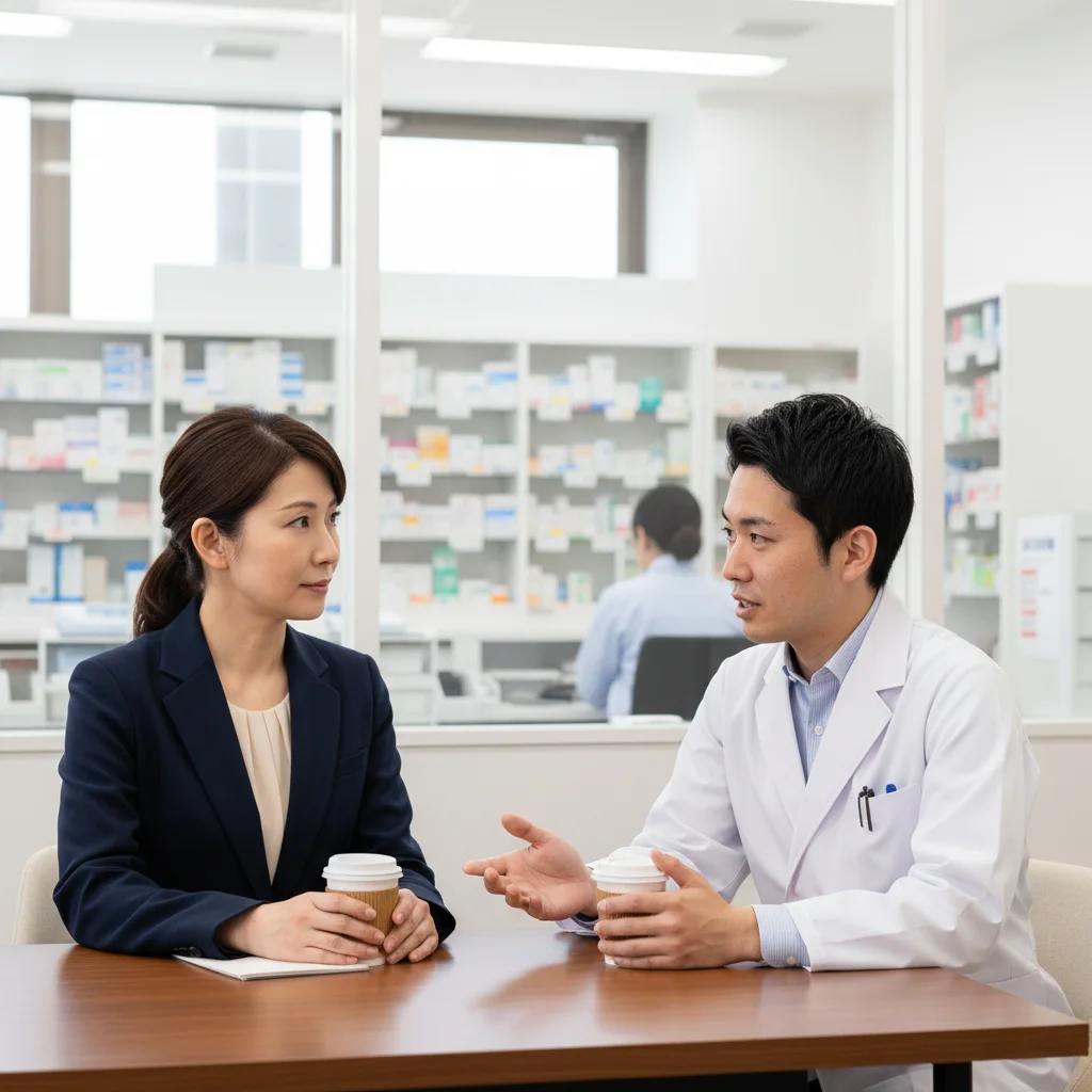 調剤薬局で働く薬剤師がエリアマネージャーに店舗異動や勤務形態の変更を相談している様子。職場の人間関係や働き方の悩みを、退職ではなく交渉によって解決しようとする場面。