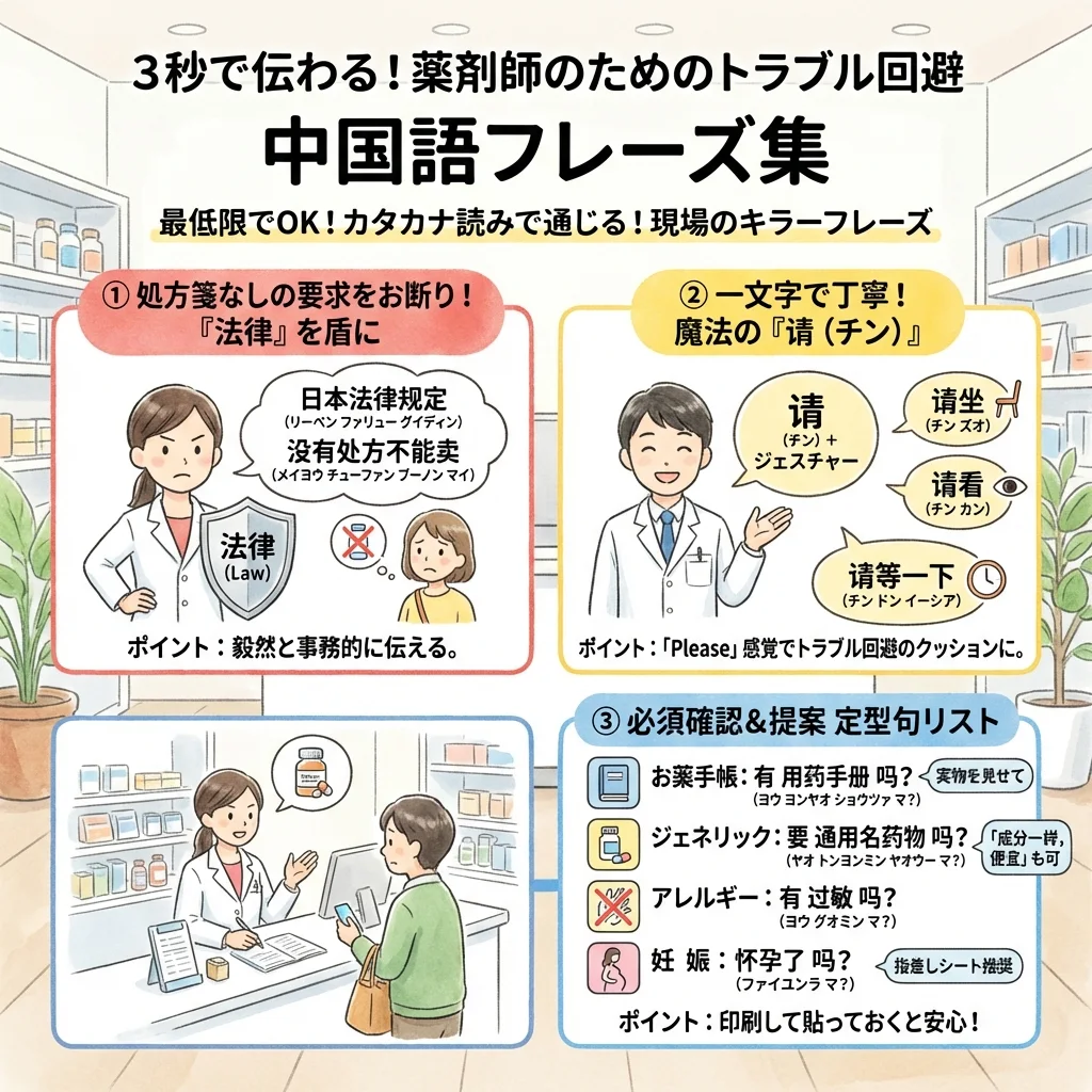調剤薬局のカウンターで、薬剤師が外国人患者に指差しシートを使って服薬指導している様子。公的機関のシートを活用することで、円滑なコミュニケーションが可能になります。