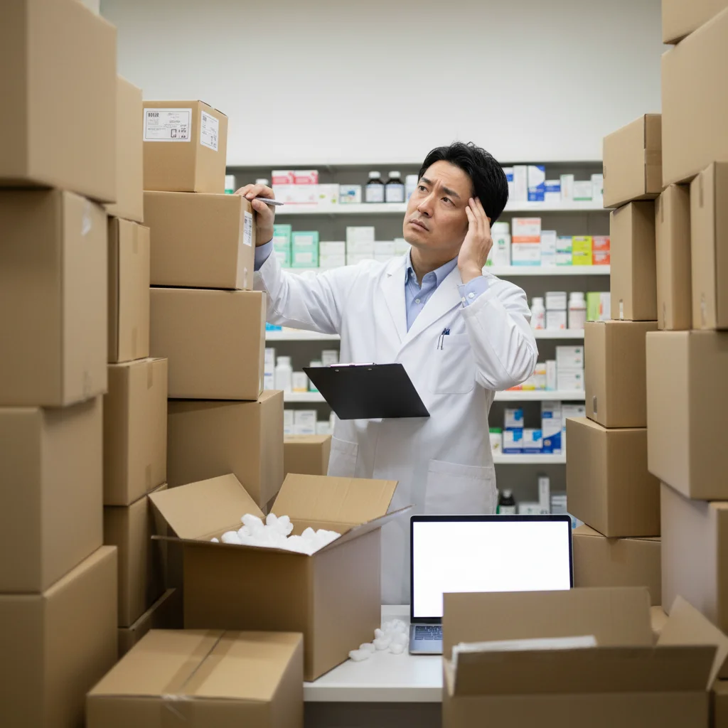 人員不足の調剤薬局で、山積みの段ボールを前に一人で検品作業をする薬剤師。本来の業務に集中できず、転職を考えるほどの負担と徒労感を表現したイラスト。