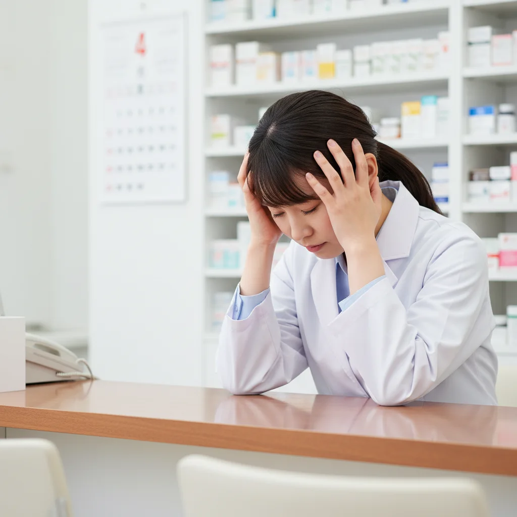 調剤薬局で働く女性薬剤師が、人手不足や職場の人間関係が原因で夏休みを取れず、カウンターで頭を抱え悩んでいる様子。薬剤師の転職理由にもつながるストレスが伝わる画像。