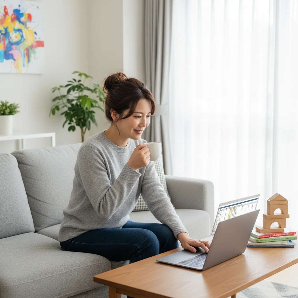 自宅でリラックスしながらパソコンで業務を行う薬剤師の女性。在宅ワークなら、調剤薬局特有の人間関係のストレスから解放され、子育てとの両立もしやすくなるというメリットがあります。