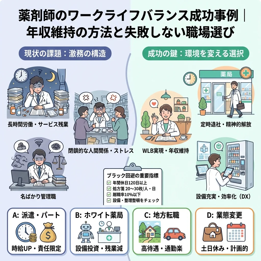 薬剤師のワークライフバランス改善に成功した4つの転職パターンを比較したインフォグラフィック。派遣、ホワイト薬局、地方転職、業態変更の年収や働き方の特徴を一覧で示し、自分に合った職場選びのヒントを解説します。