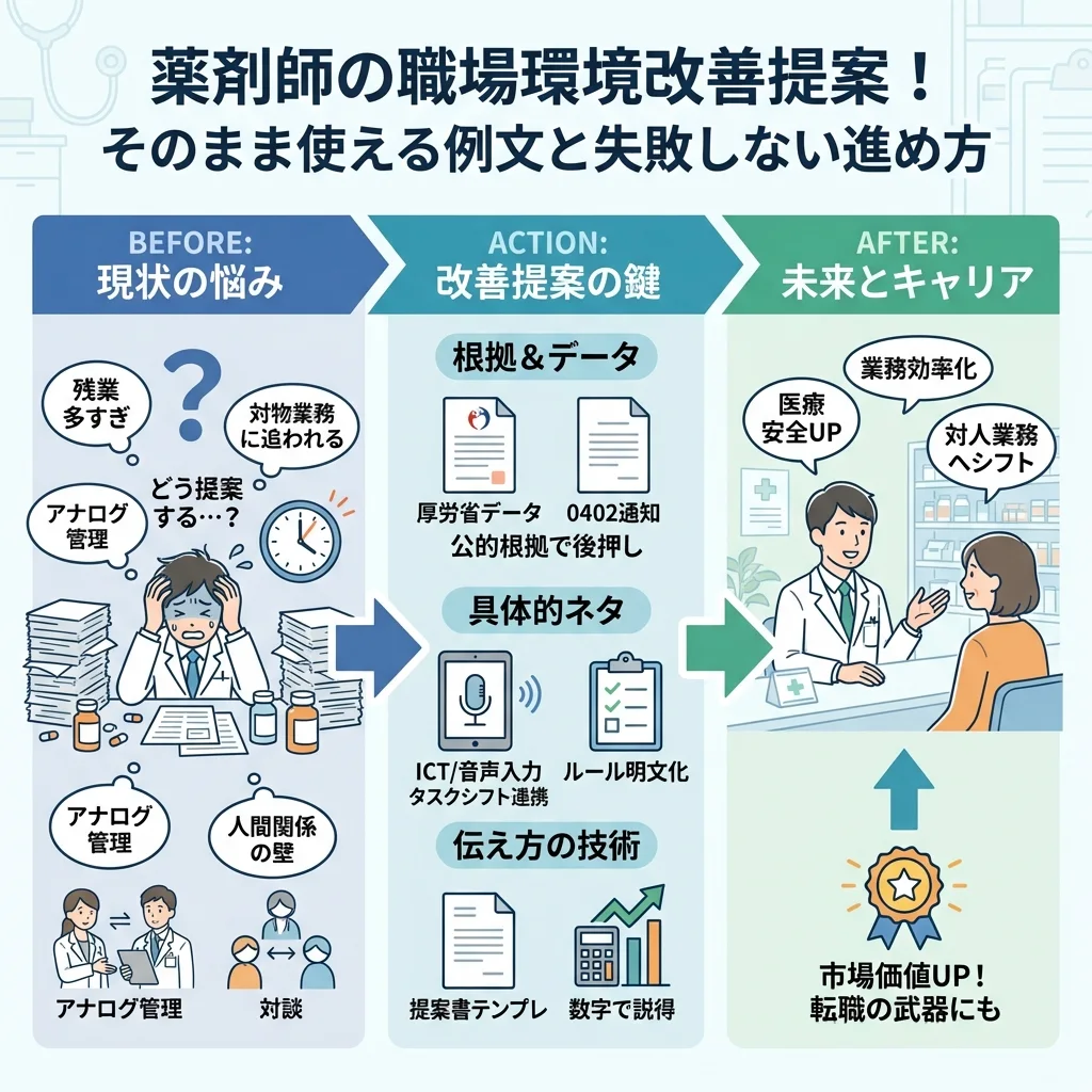 薬剤師が職場環境を改善するための具体的な進め方を示すインフォグラフィック。改善アプローチの比較表、ICT導入の費用対効果、タスクシフトのコツ、転職時に経験をアピールする方法などを図解で解説。