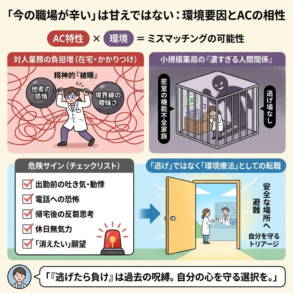 完璧主義で悩むヒーロータイプの薬剤師と、職場で孤立するスケープゴートタイプの薬剤師のイラスト。他者評価に依存する働き方の問題点と、自己評価軸を持つことの重要性を示唆している。