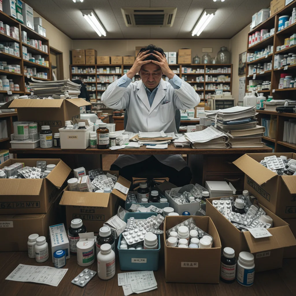 バーコード未導入のアナログな薬局で、納品伝票と医薬品の山を前に頭を抱える薬剤師。在庫管理の負担が長時間労働につながっている様子。