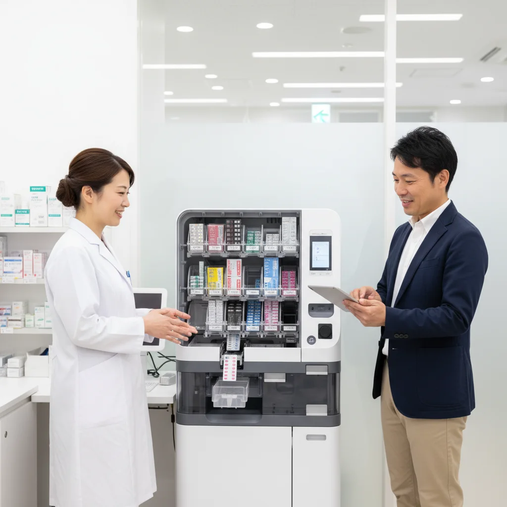 薬剤師の転職で重視される、最新の調剤ロボット。処方箋に基づきPTPシートを自動で払い出し、薬剤師の対物業務を大幅に削減。働きやすい薬局の象徴的な設備です。