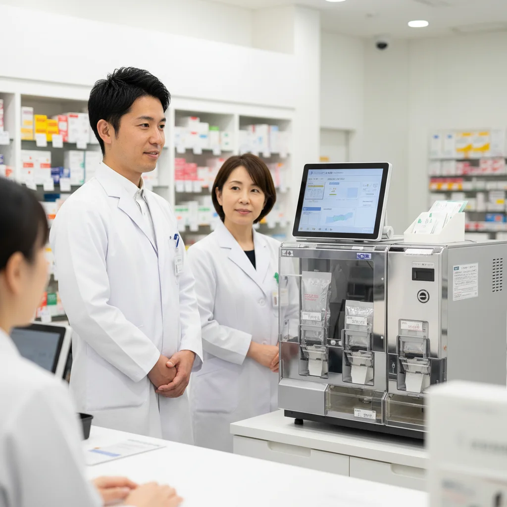 最新の自動分包機や監査システムが導入された調剤薬局で、薬剤師が効率的に業務を行う様子。対物業務の負担を軽減する設備投資は、患者対応に注力できる働きやすい職場環境の重要な条件です。