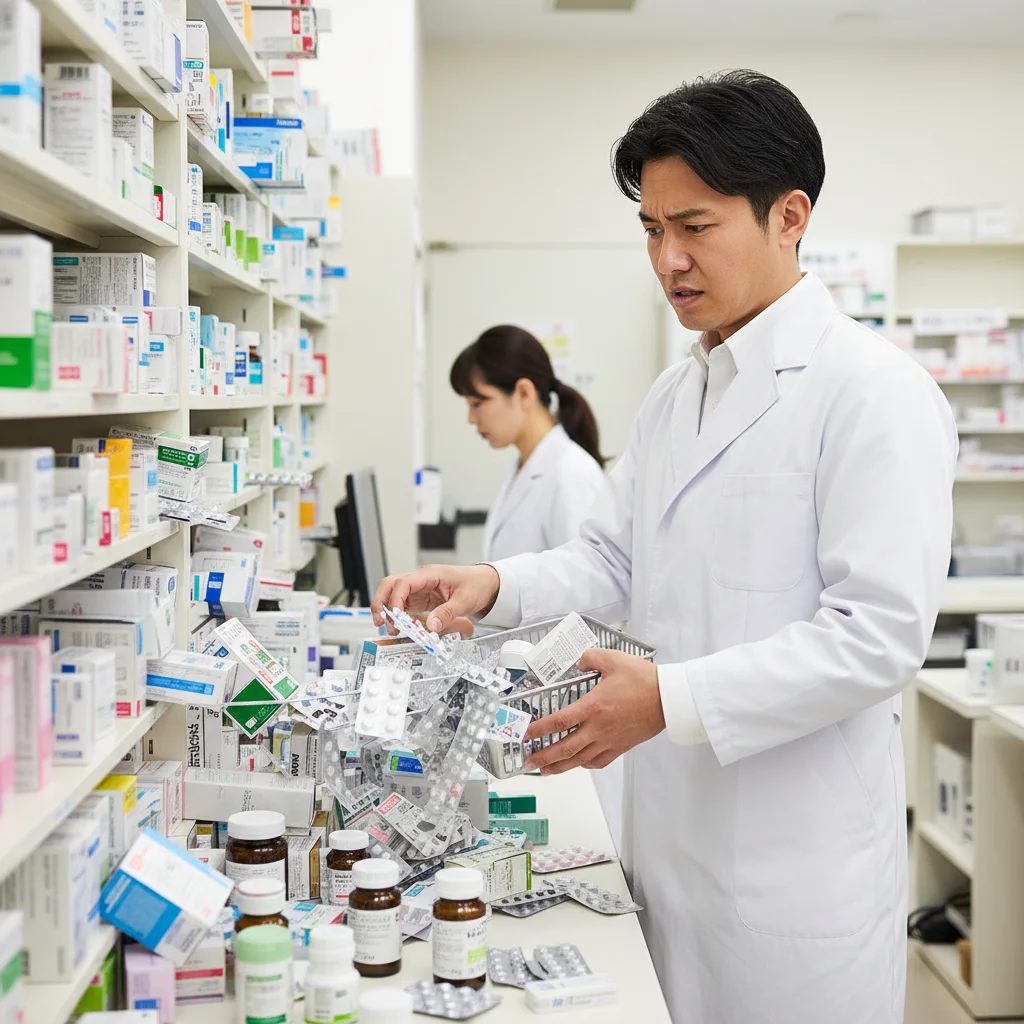 医薬品の配置が乱雑で整理されていない調剤薬局の棚。薬剤師が効率的にピッキングできず、ストレスを感じている様子。このような職場環境は転職を考えるきっかけの一つになる。