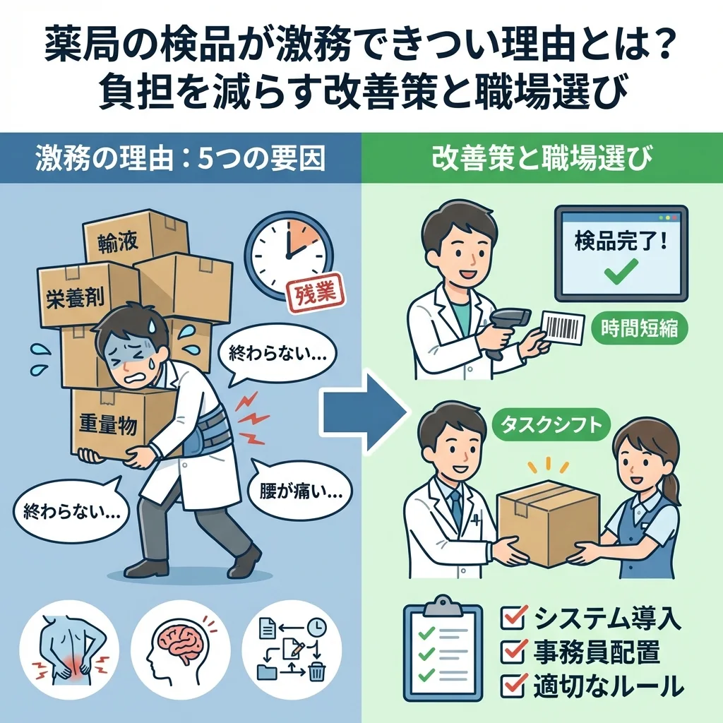 調剤薬局の検品業務がきつい5つの理由、アナログとデジタル検品の比較、タスクシフトの手順、負担が少ない転職先の見分け方をチェックリスト形式で解説したインフォグラフィック。