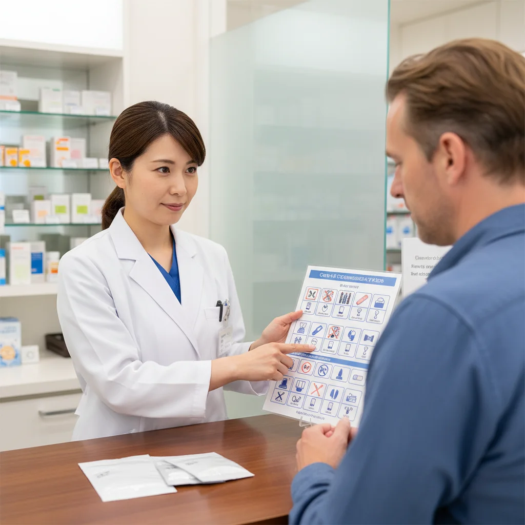 調剤薬局のカウンターで、薬剤師が外国人患者に指差しシートを使って服薬指導している様子。公的機関のシートを活用することで、円滑なコミュニケーションが可能になります。