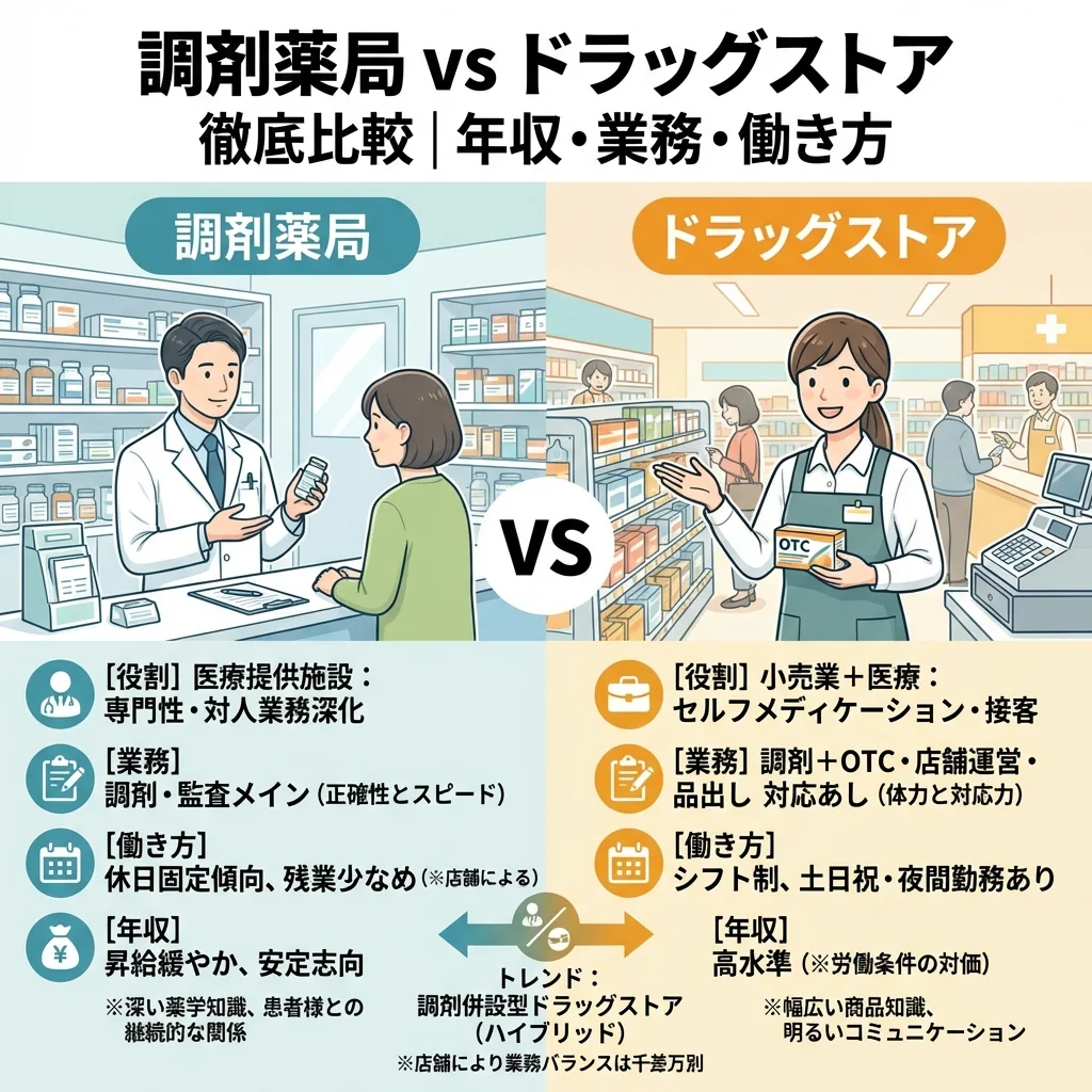 調剤薬局とドラッグストアの違いを、年収・業務内容・働き方の観点から徹底比較したインフォグラフィック。薬剤師の1日のスケジュールや法的区分、残業・休日の傾向を視覚化し、それぞれのメリット・デメリットを対比させた図。