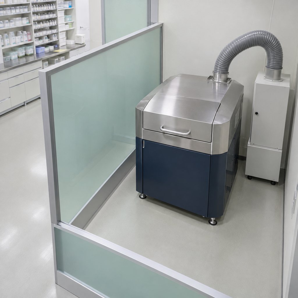 仕切られた調剤区画にある停止中の錠剤粉砕機