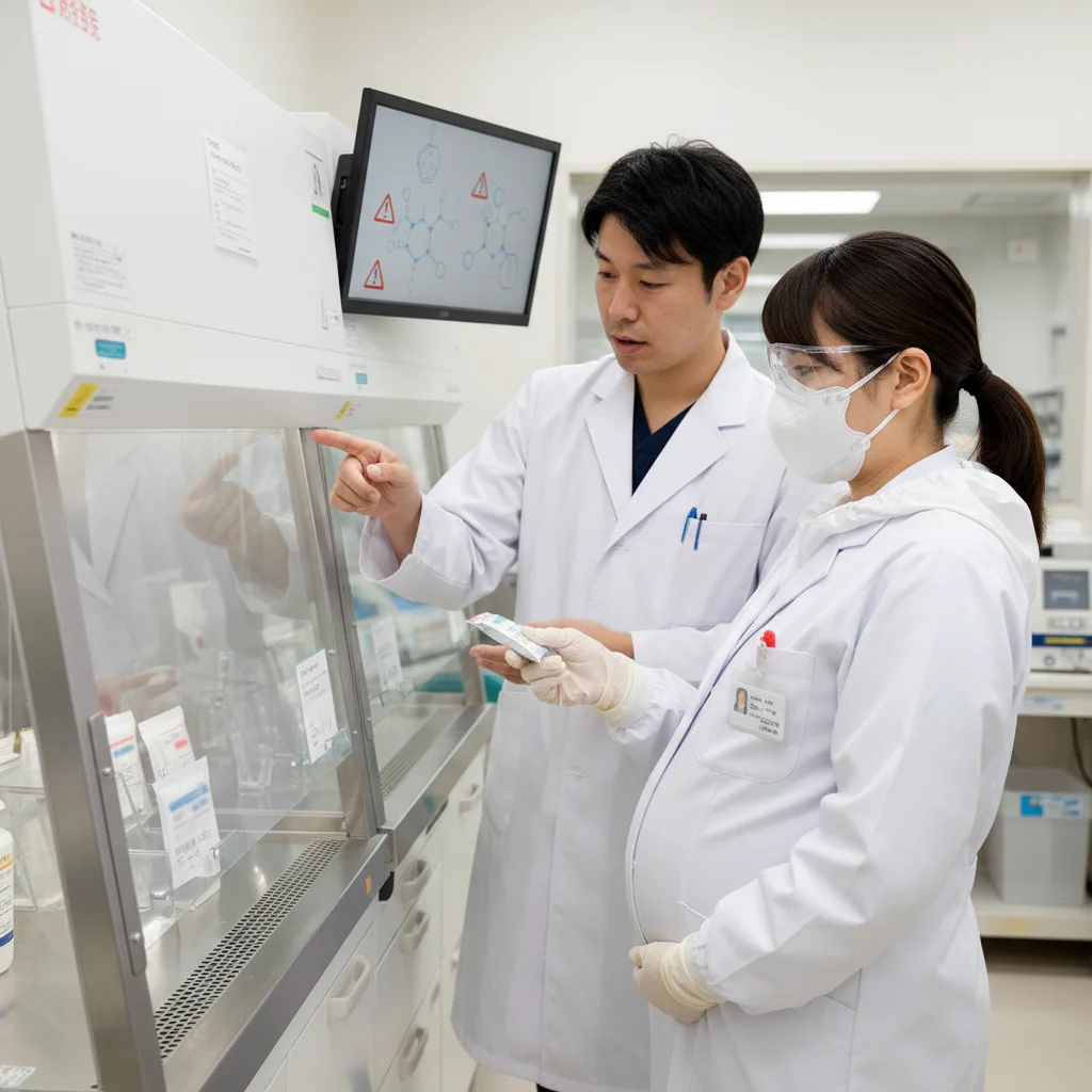 妊娠中の薬剤師が抗がん剤などの粉砕業務で薬剤を曝露するリスクを解説する画像。胎児を守るため、フィナステリドやメトトレキサートなど、特に注意が必要な薬剤の取り扱いについて説明しています。