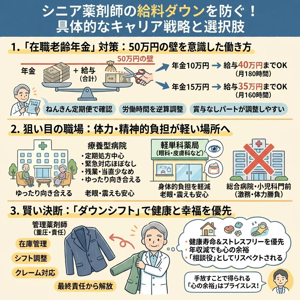 定年後の再雇用で賃金が下がったにも関わらず、以前と同じ責任の重い業務を任され、働き方に悩むシニア薬剤師のイラスト。「同一労働同一賃金」の抜け穴問題を表現しています。
