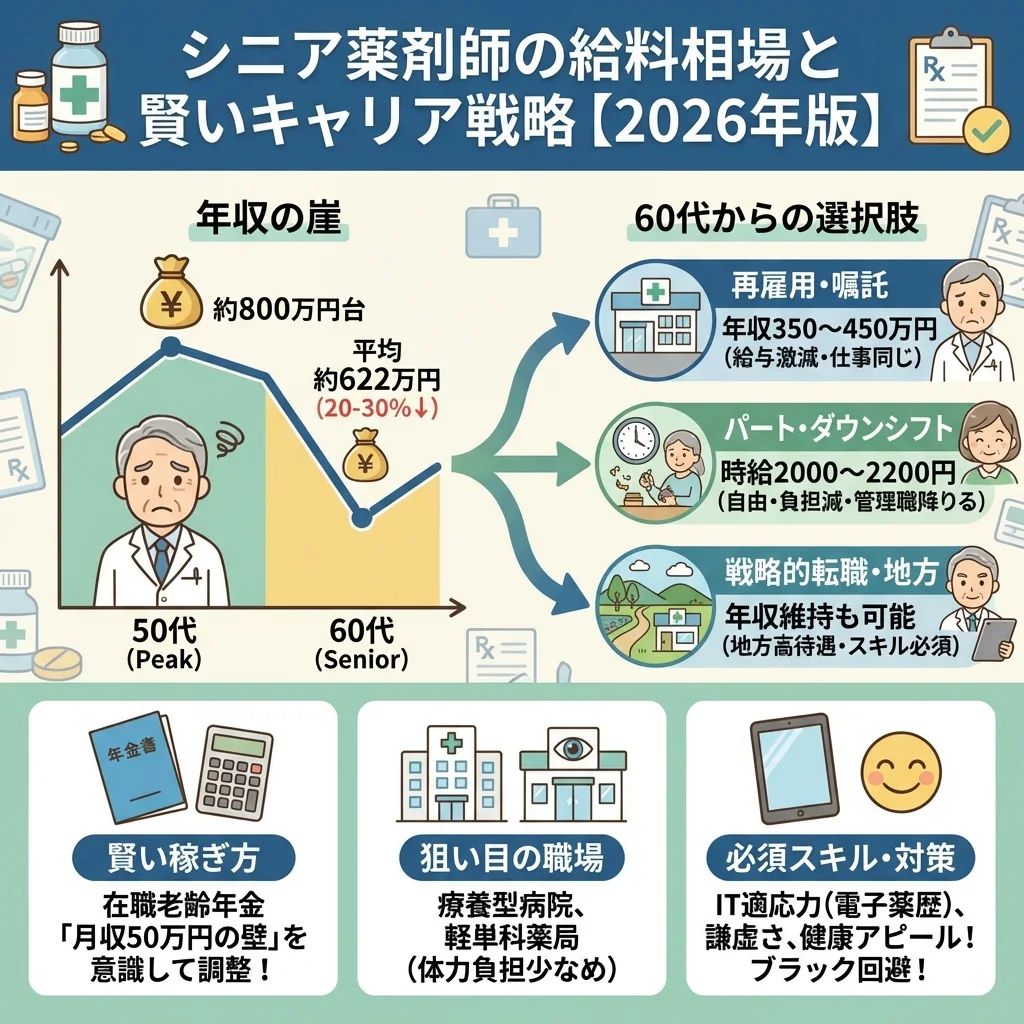 60代シニア薬剤師の給料相場や定年後のキャリア戦略を解説するインフォグラフィック。50代からの年収推移グラフ、雇用形態（正社員・パート・嘱託）別の待遇比較表、年金を考慮した働き方のポイントなどを図解。