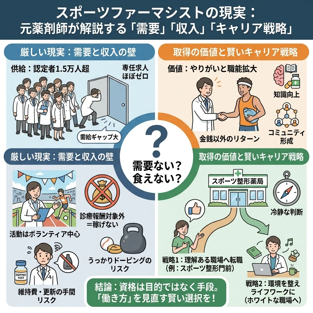 スポーツファーマシストは需要がないと言われる理由を図解したインフォグラフィック。認定者数と求人数の需給ギャップ、資格のメリット・デメリット比較、維持費用、他の認定薬剤師資格との違いなどを一覧で解説。