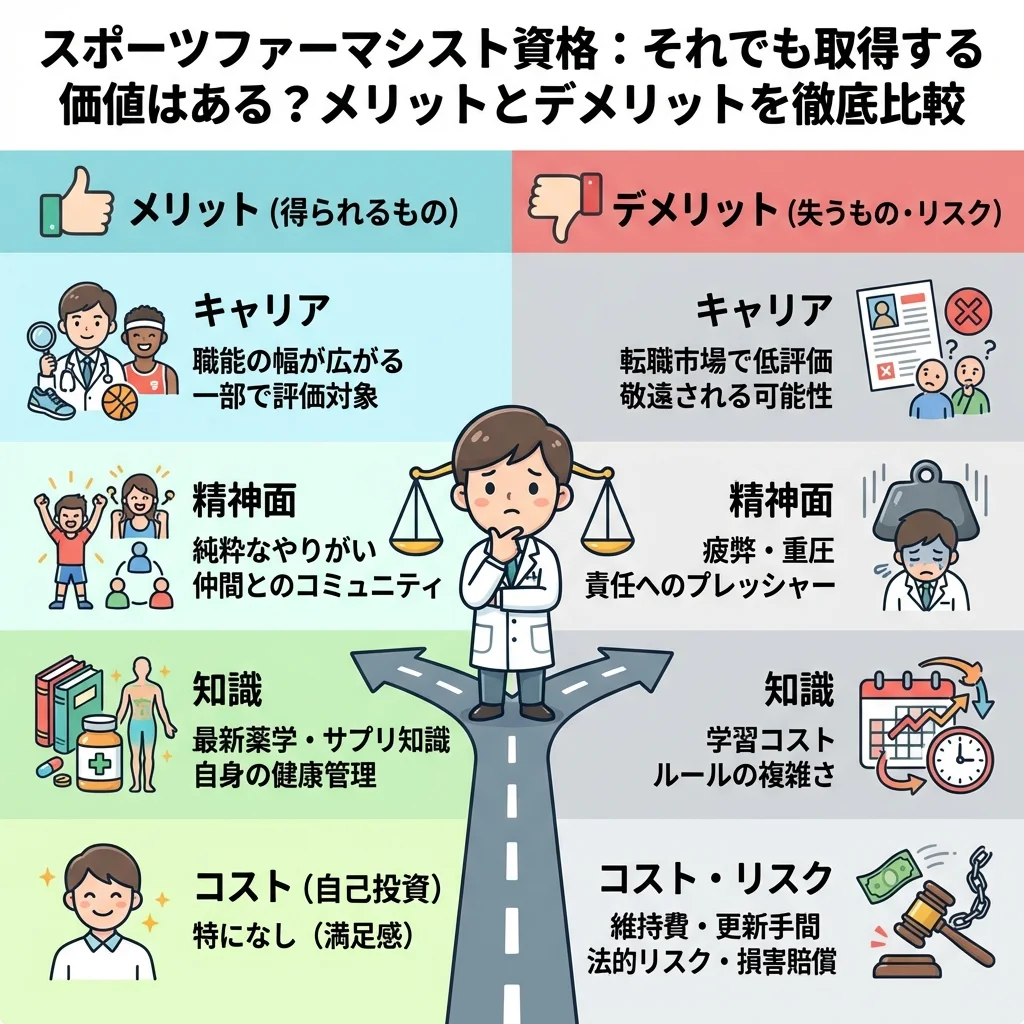 薬局経営者がスポーツファーマシスト資格を評価しない理由。コストやドーピングリスク等の本音を知り、薬剤師が転職を考える際に職場の理解を得る重要性を解説する画像。