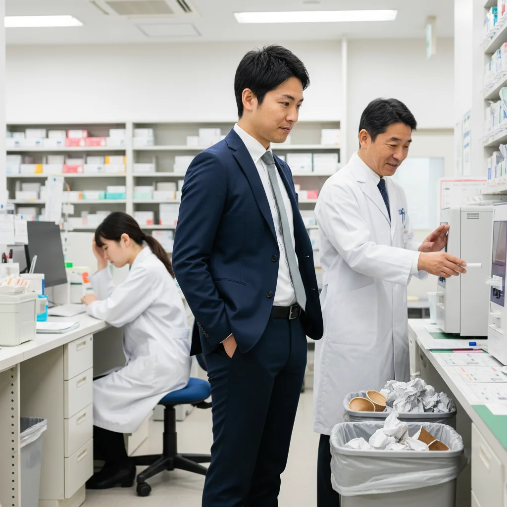 転職を考える薬剤師が店舗見学で「隠れ残業」を見抜くため、調剤室のゴミ箱やスタッフの表情など、求人票では見えない職場の実態をチェックしている様子を表すイラスト。