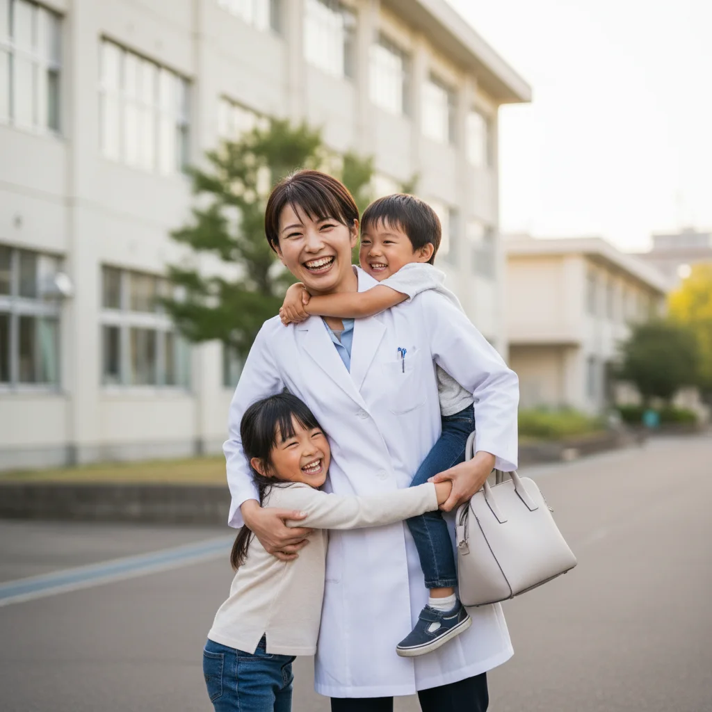 派遣薬剤師という働き方を選び、笑顔で子供を迎えに行くママ薬剤師。残業のない職場環境で、仕事と育児を両立している様子を表す画像。